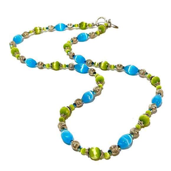 Handmade Blue and Green Cats Eye Sterling Silver 22 Inch Artisan Beaded Necklace - Picture 1 of 11